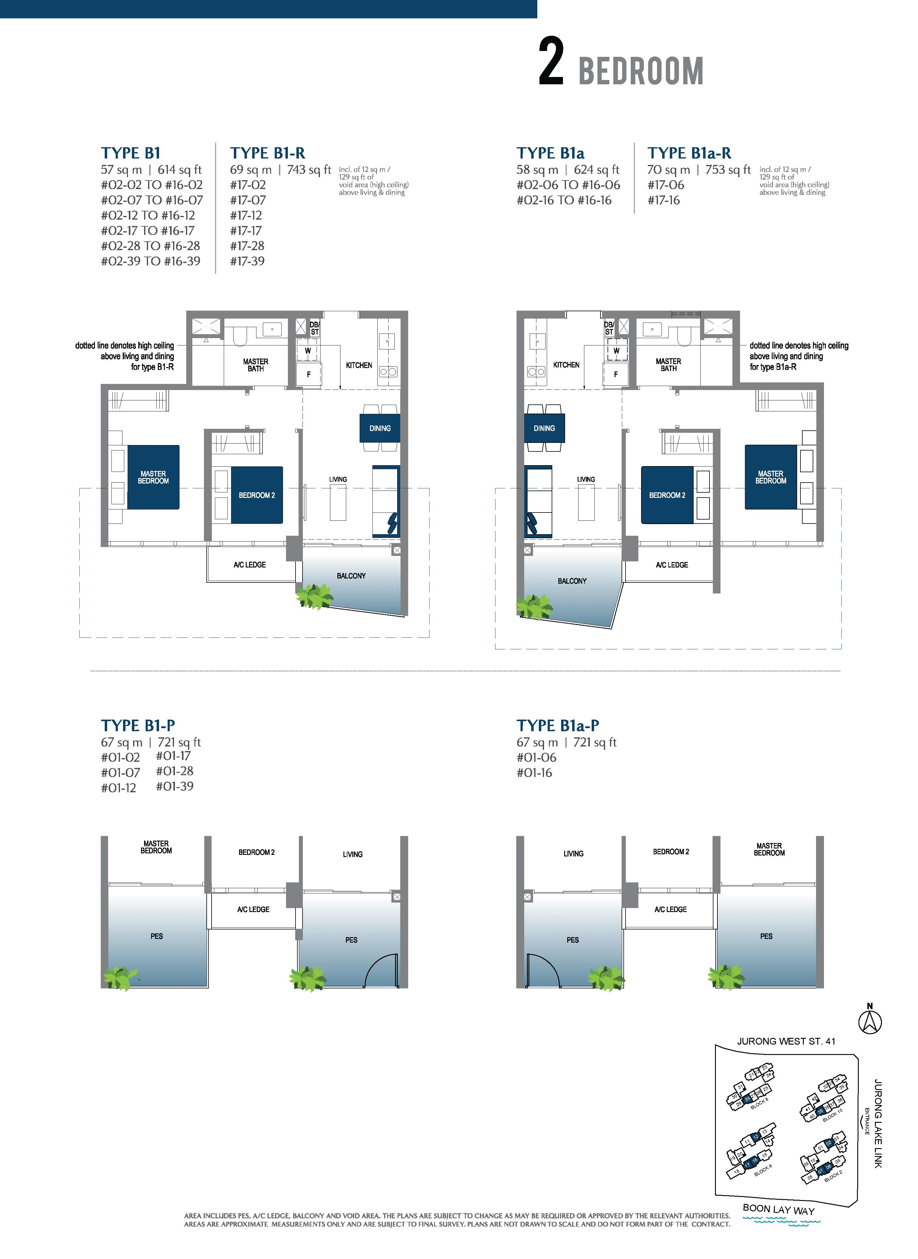 Lake Grande 2 Bedroom Type B1, B1-R, B1a, B1a-R, B1-P, B1a-P Floor Plans